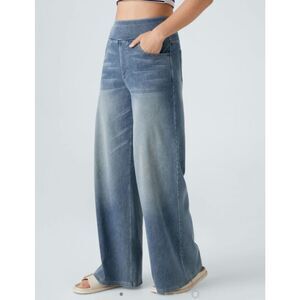 Halara High Waisted Multiple Pockets Baggy Wide Leg Washed Stretchy Knit Casual